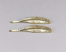 set 2 gold feather bobby leaf bobbi pins clip barrette hairpin accessory