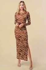 Zebra Print Long Sleeve Crew Neck Maxi Dress | Animal Print Dress Maxi