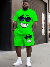 2 plus size men's printed patterned T-shirt shorts set, dynamic and sporty style