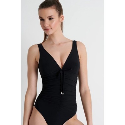 SHAN Classique One Piece Swimsuit Black Ruched V-Neck Size 10