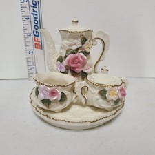 Mini Tea Set - Vintage Porcelain Raised Pink Rose - 5 pc Gold Trim Floral -China