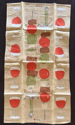Vintage Vera Linen Shish-Kebab Kitchen Towel w/ Ladybug Signature - NWOT