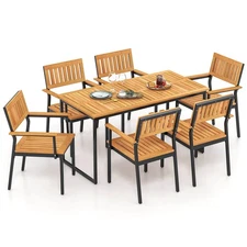 7 PCS Outdoor Dining Set for 6 Acacia Wood Rectangular Table & 6 Armless Chairs