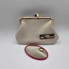 Vintage 1970s HUHLoong Cream Vinyl Coin Purse Mirror Set Kiss Lock Retro Vanity