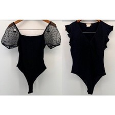 Altar'd State Black Bodysuit Set Flutter Sleeve V-Neck Sheer Puff Sleeve M