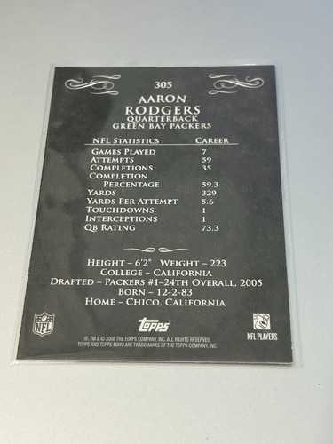2008 Topps Mayo - #305 Aaron Rodgers Green Bay Packers Calcio - Foto 2 di 2