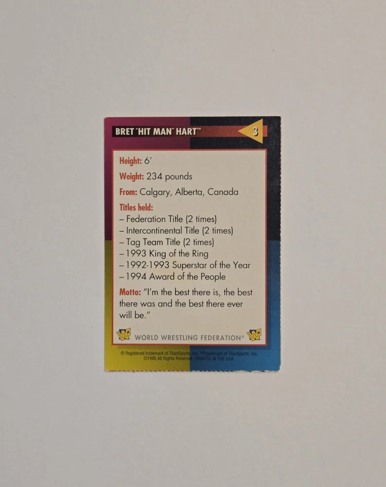 Tarjeta automática Bret Hart 1995 WWF MAGAZINE #3 coleccionable de colección Foto 3 de 4