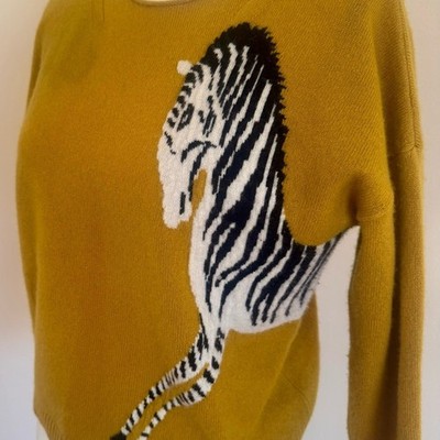 Anthropologie 100% Cashmere Maeve Mustard Yellow Zebra Sweater