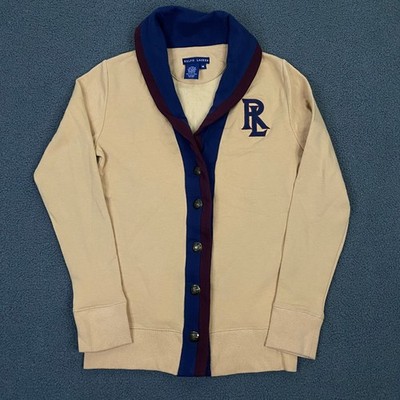 Ralph Lauren Cardigan Women Medium Tan Navy Burgundy Shawl Collar Varsity Preppy