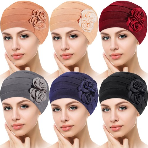 6 PCS Women Turban Flower Caps,Head Wrap Beanie Cap,Vintage Headwrap Hats,Ela...