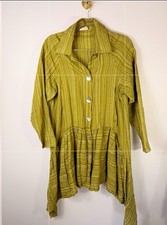 West Love 100% Linen Olive Striped Button-Down Lagenlook Artisan Tunic Top SZ M