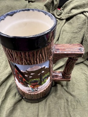 Vintage Winter Mountain Ski Lodge stein W/Skiers & Lodges