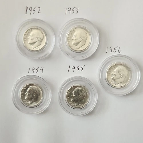 1952-1956 Silver Roosevelt Dime Set Uncirculated Lot of 5 Coins .900 all BU