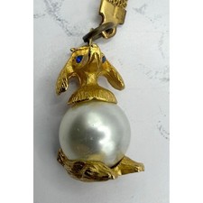 Vintage Gold Tone Dog Faux Pearl Keychain Blue Rhinestone Eyes