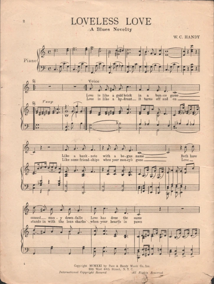 1921 W.C. MÓVIL raro partituras de jazz LOVELESS LOVE A Blues Ballad S. KNOX COVER Foto 2 de 2