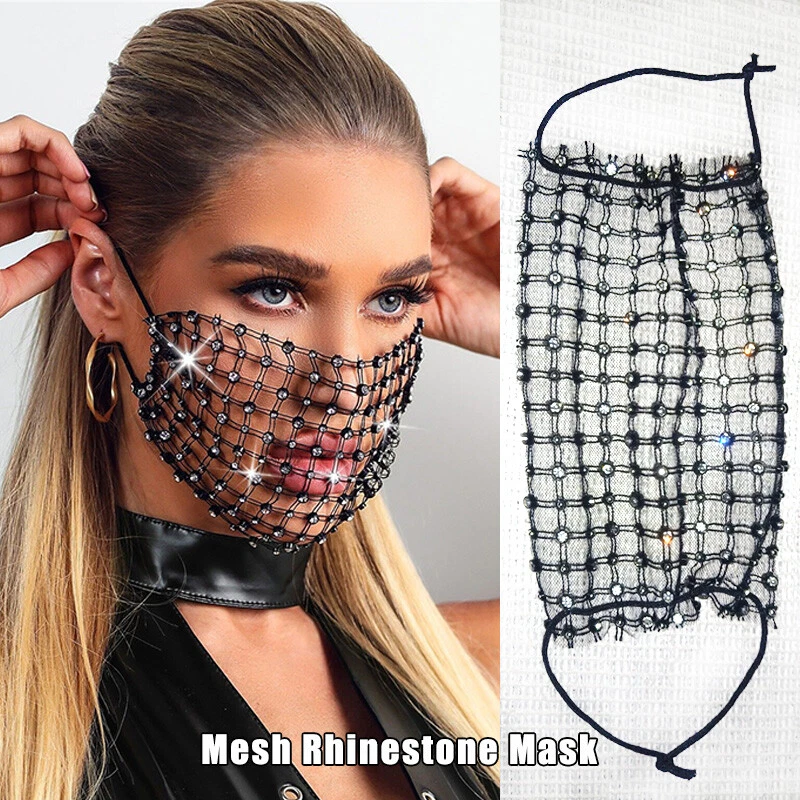 Crystal Bling Diamond Hollow Out Mesh Rhinestone Face Mask Sequin Black - Image 4 of 4