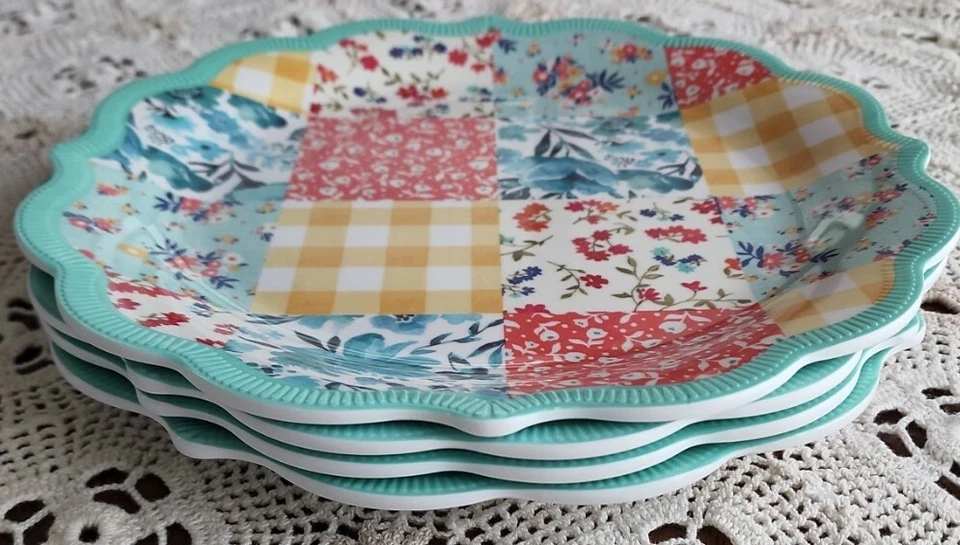 Cuatro (4) platos de cena de melamina de 10,7" para mujer pionera ~ verde azulado ~ retazos acolchados Foto 3 de 4