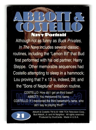 1996 Abbott & Costello Collectible Trading Card #21 Navy Portrait - Picture 2 of 4