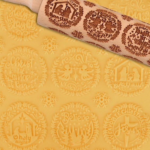 Nativity and Gnome Embossed Dough & Cookie Rollers Engraved Wooden Rolling Pin - Picture 7 of 14
