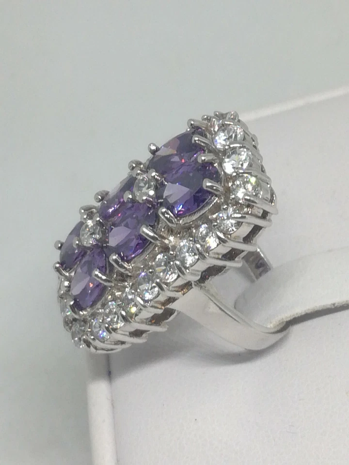 Anello donna ARGENTO RODIATO FASCIA ZIRCONI BIANCHI AMETISTE MIS 10 - Immagine 3 di 4