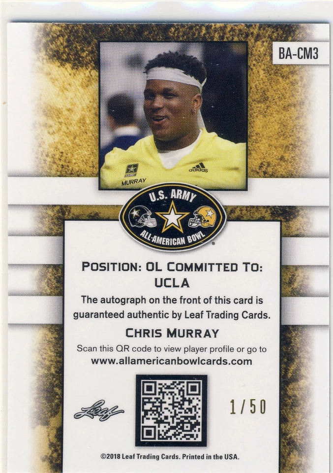 CHRIS MURRAY 2018 Leaf Metal Army All American Blue /50 AUTO OKLAHOMA - Image 2 of 2