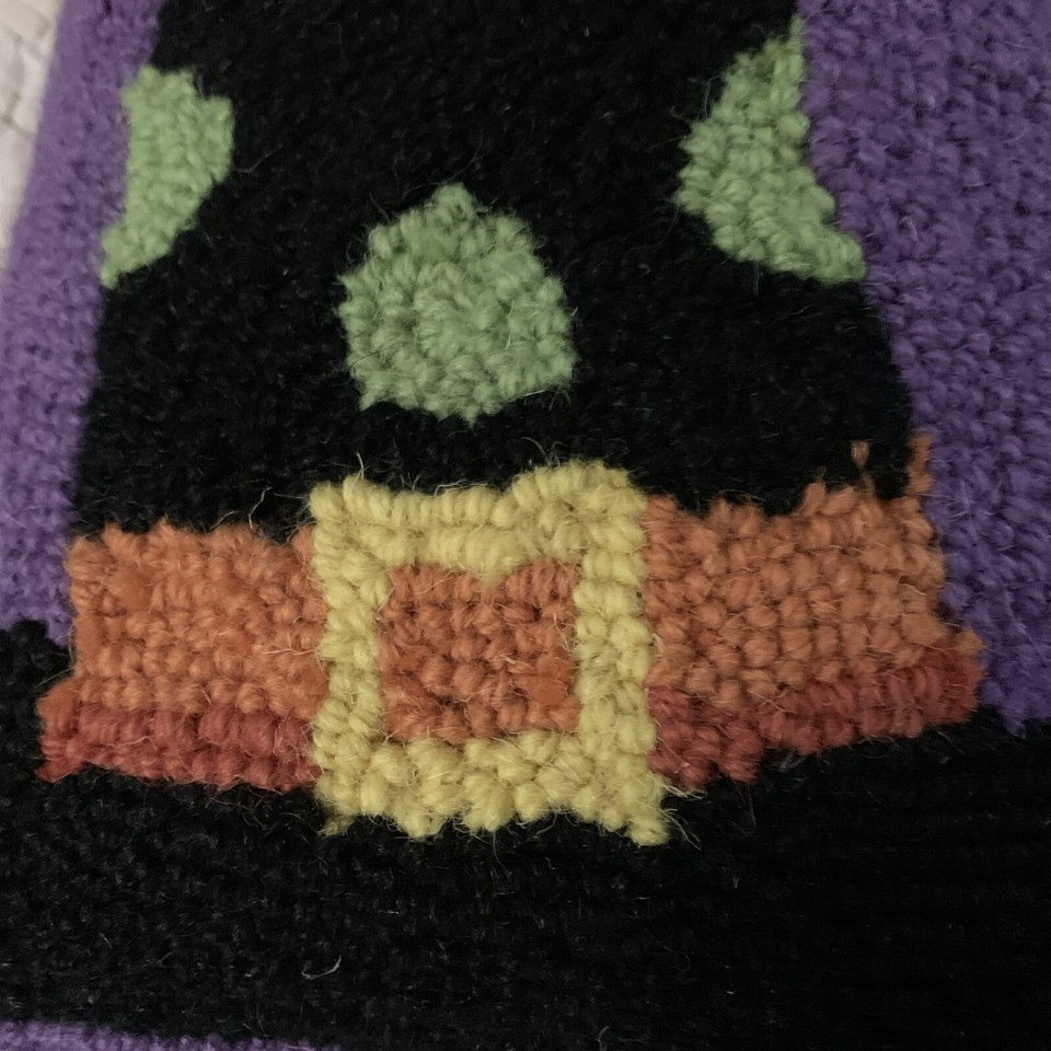 Hooked Wool Halloween Pillow Witches Hat Purple Black 9” X 16