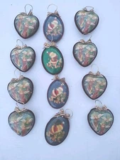 Vintage Heart & Oval Shaped Christmas Ornaments Set of 12 Heavenly Angels Santa