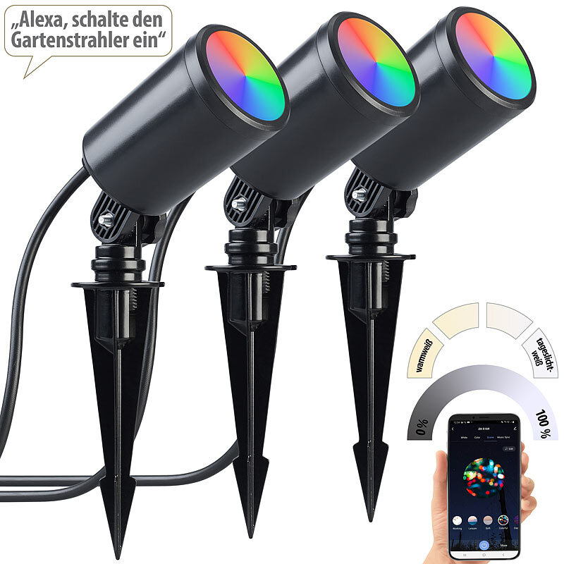 3er-Set WLAN-Gartenstrahler, dimmbar, RGB & CCT, 1.560 lm, IP65 