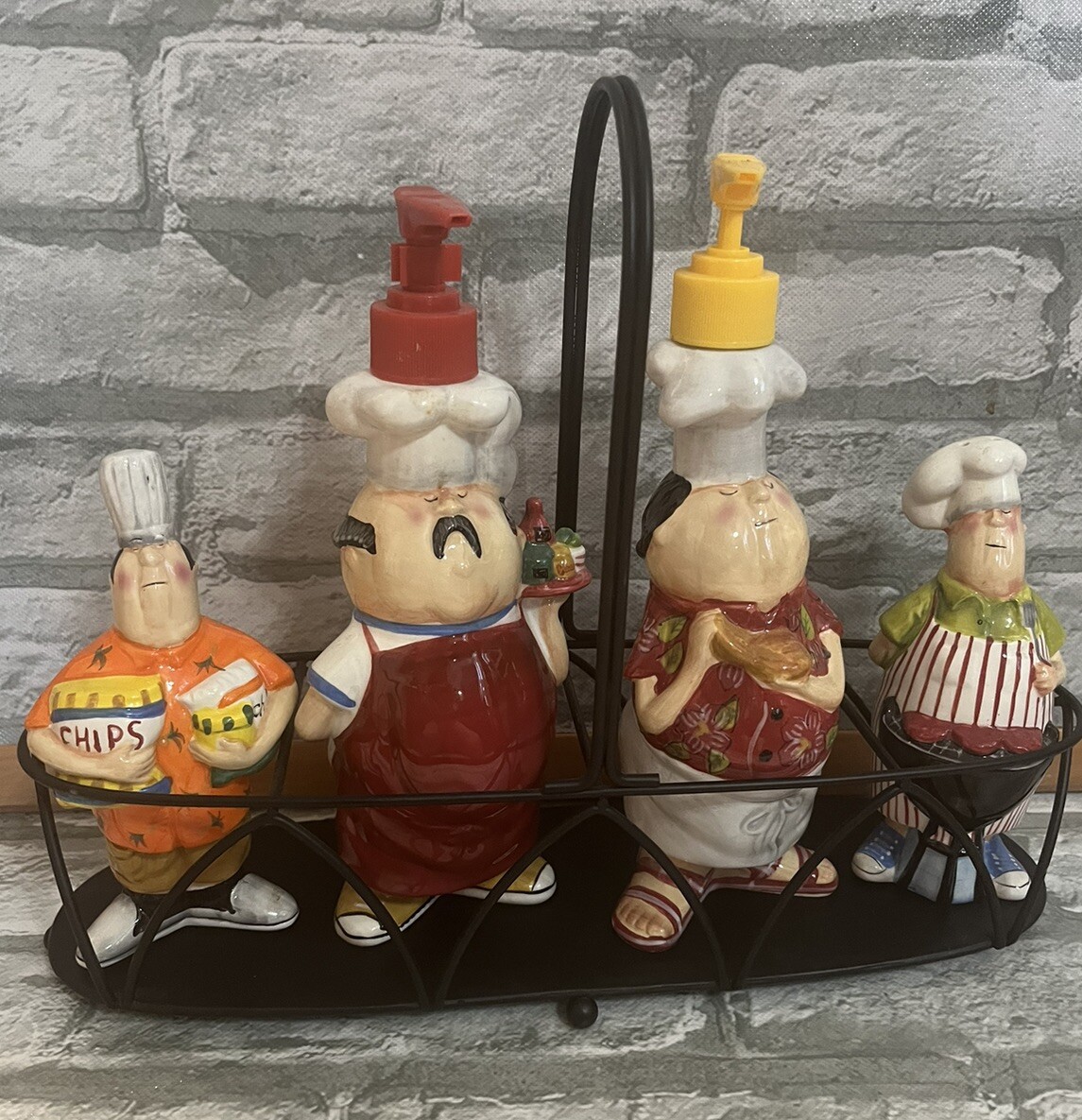 Tracy Flickinger Condiment Set & Caddy Masters of the Grill BBQ Chefs