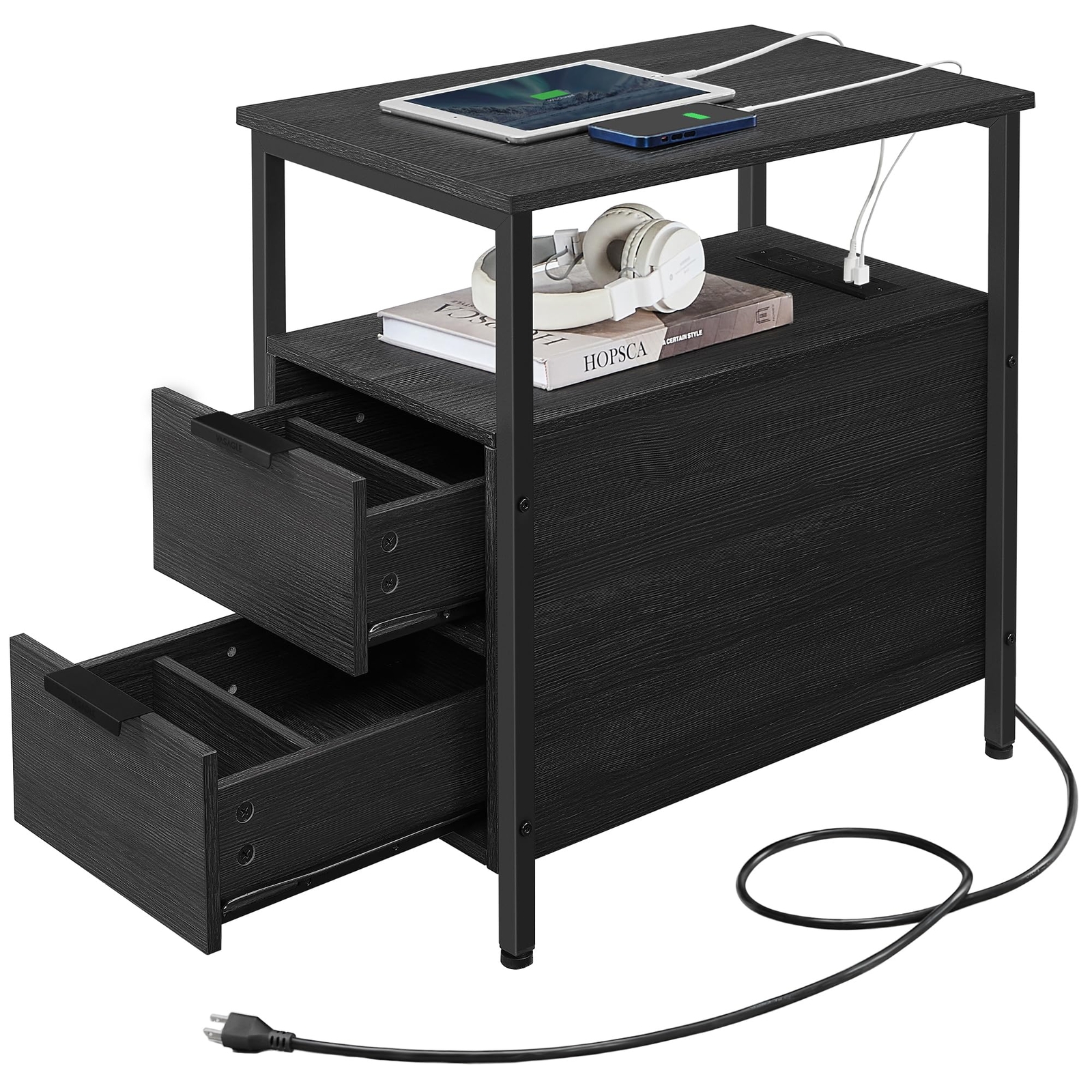 Side Charging Station Narrow End 2 Drawers Slim Nightstand And Bedside Table Wit-image