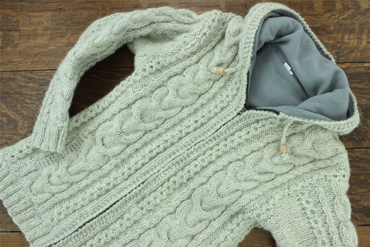 Knitted Wool Hooded Jacket Cable Knit Fleece Lined Cardigan