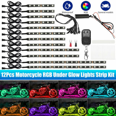 12pcs Motorcycle RGB LED Under Glow Lights Strip Kit Wireless Remote Waterproof