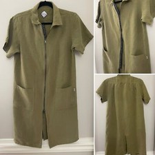 FairPlay 100% Linen Lagenlook Minimalist Army Olive Green Zip Shirt Dress Small