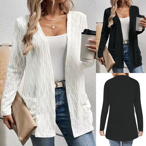 Womens Long Sleeve Casual Pocket Open Ladies Thin Coat Cardigan Shirts Tops Size - Picture 3 of 12