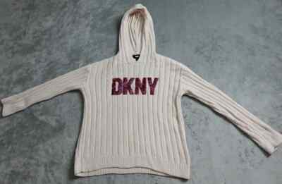 DKNY Hoodie Sweater Women's Large Ivory Sequins Knit Pullover Long Sleeve! 