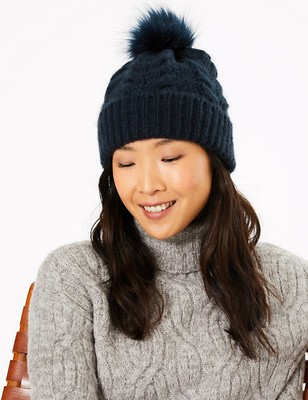 ladies navy pom pom hat