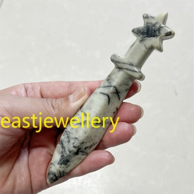 5''+ Natural Black Network stone dagger Carved skull Quartz Crystal Skull Gem 1PC