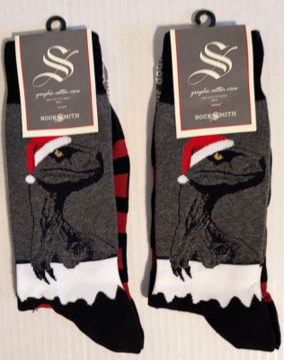 2x SockSmith Crew Socks Christmas Dinosaur Cotton Blend Gray Red - Mens Sz 10-13