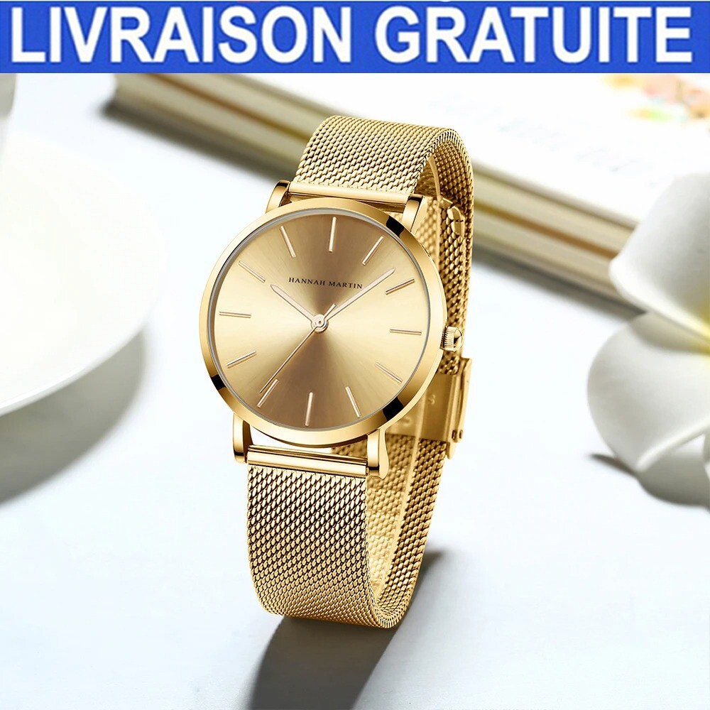 Montre femme quartz japonais étanche et boîtier or rose en acier haute qualité