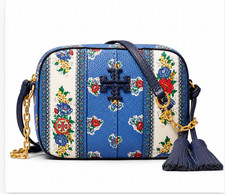 Tory Burch McGraw Blue Tea Rose Border Camera Bag Leather Crossbody NWT