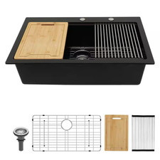 33 In. Undermount Single Bowl Black Granite Composite Kitchen Sink with Cutting