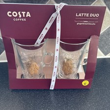 Costa Coffee Latte Glasses Duo Gift Set With Gingerbread Biscuits - New