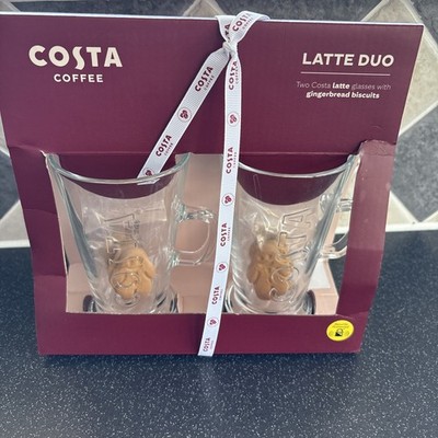 Costa Kaffee Latte Gläser Duo Geschenkset mit Lebkuchenkeksen - Neu