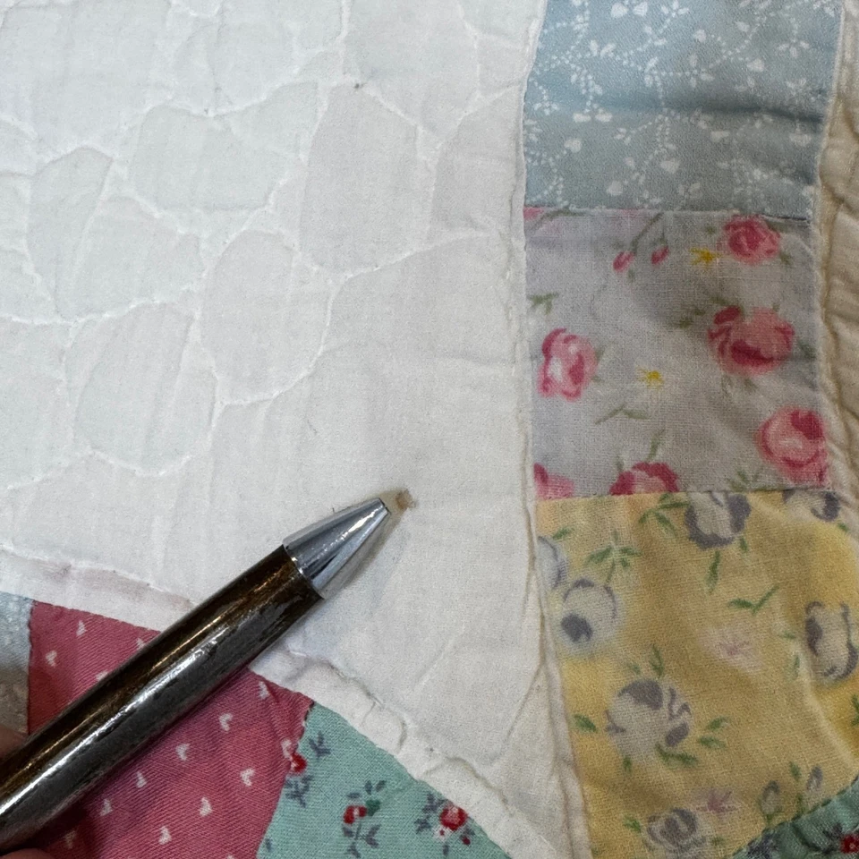 Vintage Double Wedding Ring Quilt Pastel Handmade 66x80 Nostalgic Farmhouse Set - Image 4 of 4