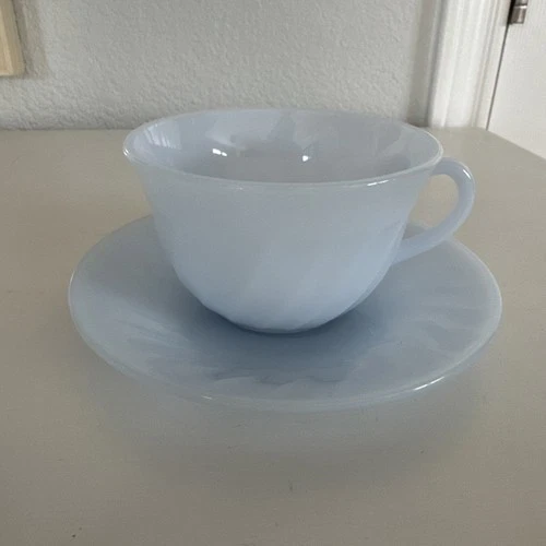 Vintage MCM Fire King Azurite Coffee Cup & Saucer Set Blue Swirl Pattern Round