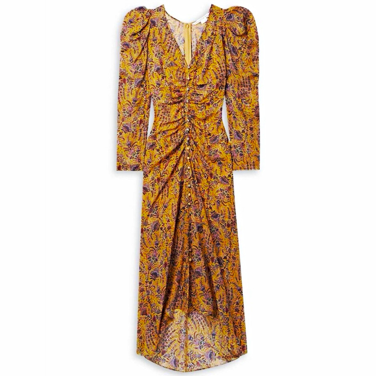 Veronica Beard Yellow Floral Silk Maxi Dress Puff Sleeve Ruched Size 2