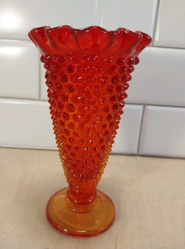 Fenton Amberina 6.5” Hobnail Footed Vase w/Ruffled Edge ~ Vintage