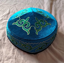 Blue & Green Velvet Embroidered Taqiya (?????), Traditional Kazakh Skullcap, 7"