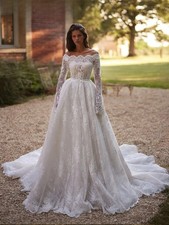 Pearls Lace A-line Wedding Dress Off Shoulder Long Sleeved Bridal Gowns