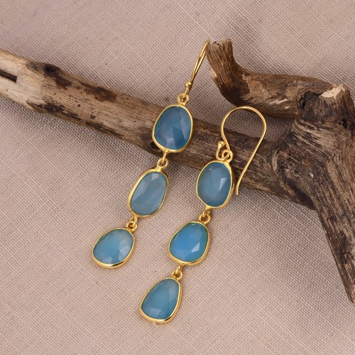Yellow Gold Blue Chalcedony Three Tire Dangle Earrings For Wedding & Occasions - Picture 8 of 9